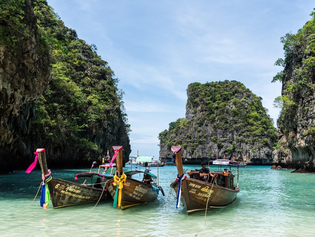 thailand, phuket, koh phi phi, island tour, colorful boats, beach, sea, travel, sky, island, blue, landscape, blue sky, summer, water, tropical, vacation, nature, paradise, outdoor, andaman, destination, exotic, holiday, tourism, coastline, seascape, asia