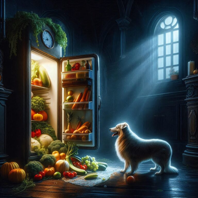 ai generated, dog, refrigerator, nature, vegetables, fridge, food, healthy, organic, fresh, vegan, groceries, pet, canine, animal